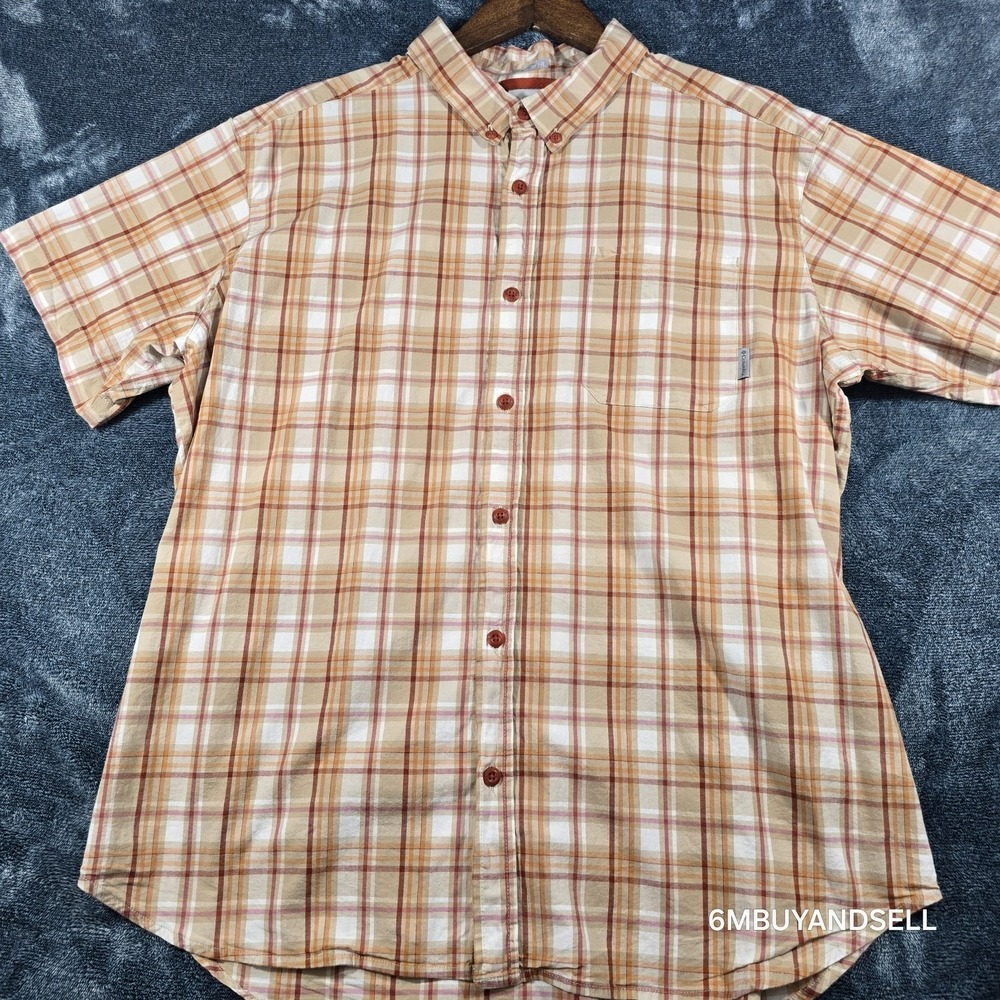 Columbia Mens XL Short Sleeve Plaid Button Down Shirt Orange Tan Regular Fit
